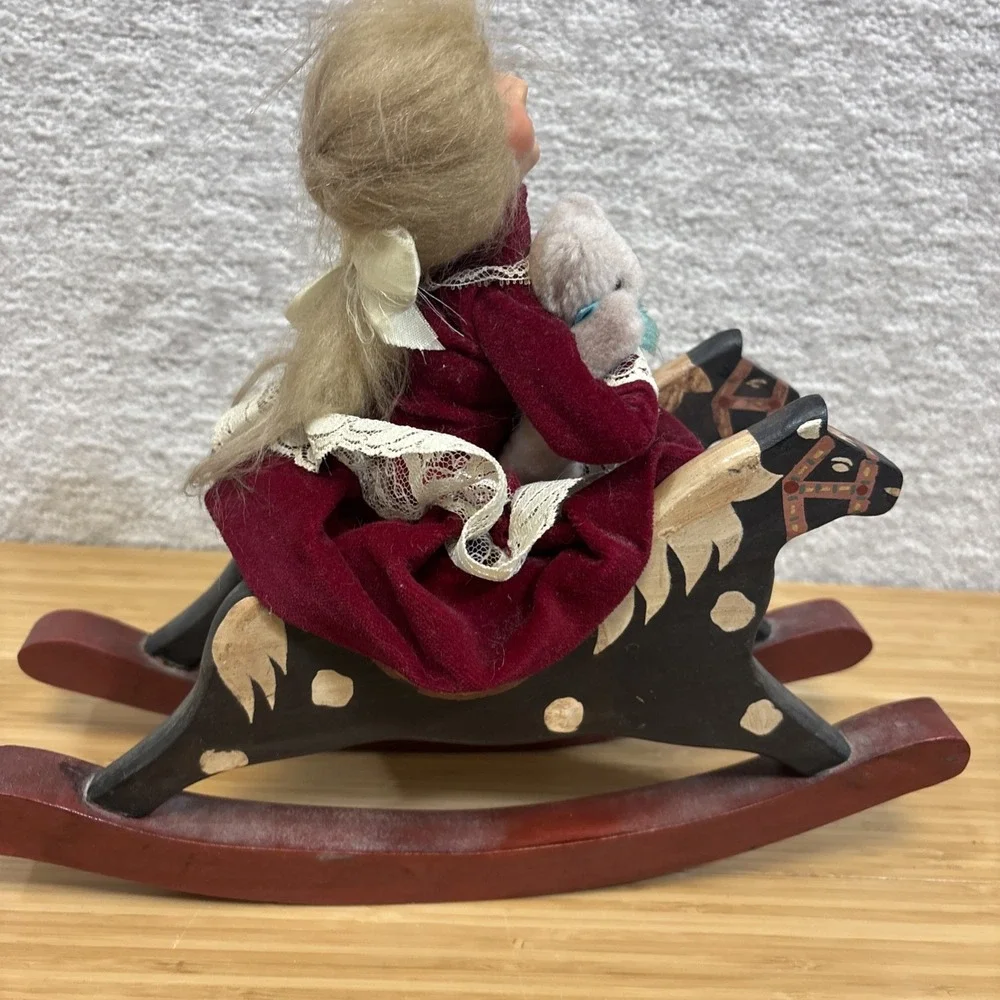 Byers Choice Christmas Carolers Girl On Rocking Horse W/ Teddy Bear Figurine VTG